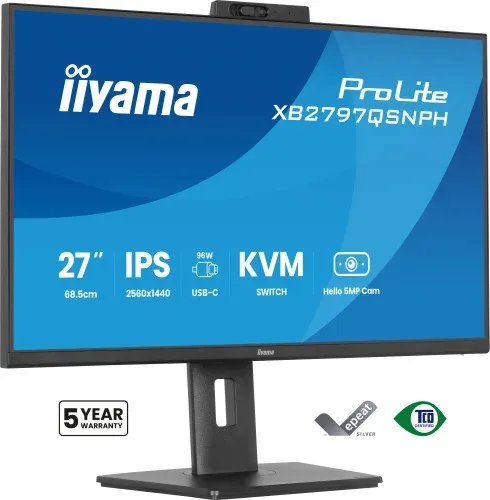 Monitor Iiyama 27" con Camara Integrada de 5 Mp Compatible con Windows Hello, Microfono, Dock USB-C, Lan, Conmutador Kvm y Soporte Ajustable en Altura de 15 Cm