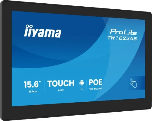 Iiyama 15,6" Panel-Pc Android 13+Gms, SoC Quad-Core Rk3568 4GB, 32GB, 10-Points Touch, 1920X1080, IPS , Speakers, Mic , PoE, WiFi, Bt5.2, Micro-SD Slot, HDMI-Out, 3X USB, 385Cd/M2, Cable Cover, Iisignage2 Supported (Tw1623As-B3P)