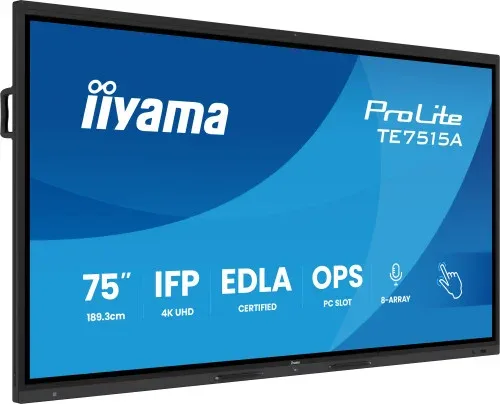 Iiyama 75" Stylish Ifp,  (Edla)/Android 14,8 Core SoC, 8/128GB, 40-Pts, UHD Va, NFC, Pir , Mm 2X20W +20W Sbuw, 8-Array Micro, 2Xhdmi, HDMI-Out, Dp, USB-C100W Pd/ Mini-Jack / Opt.out, 550Cd/M2, L/S Mode, Ag Glass, Lan, Wifi6, Bt5.0/Iiware, Pc Slot,800