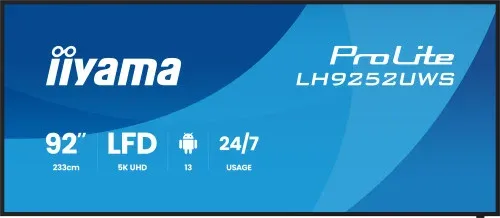 Monitor Iiyama 92" , Uw 5120X2160, 500Cd/M, Horiz y Vert, Signal Failover, Mm 2X 20W+20 Subw,  HDMI 4X, Dp, USB-C, USB 3.2 X4, WiFi, Lan, Bt, Wall Mount Incl, Control Lan / Rs232C, Iisignage2  E-Share, Android 13 Os, 24/7 (1000X600)(Lh9266Uhsb-B1Ag)