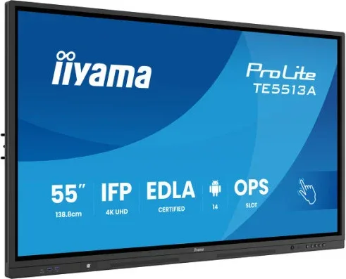 Iiyama Tactil 55" (Edla), Android 14 / 8C SoC, 6/128GB, 40P 3840X2160, UHD IPS , NFC, Mm 2X 20W+20W Swf, 2X HDMI, USB-C, Dp, 2X USB-C,450Cd/M2, Landsc. Mode, Mplay USB ,Lan, Wifi6, Bt5.0, Rs232C, Ops, Vesa 400X400 Wm Incl (Te5513A-B3Ag)