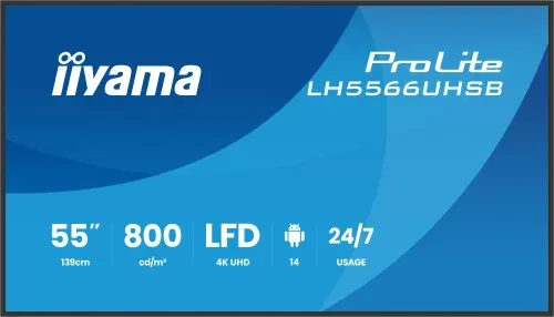 Monitor Iiyama 55" , UHD IPS Panel, Haze 1%, 800Cd/M, Horiz y Vert, Signal Failover, Mm 2X 10W,  HDMI 2X, Dp, USB 2.0 X2, WiFi, Lan, Wall Mount Incl, Control Lan / Rs232C, Iisignage2  E-Share, Android 11 Os,  24/7,(400X400)(Lh5566Uhsb-B1Ag)