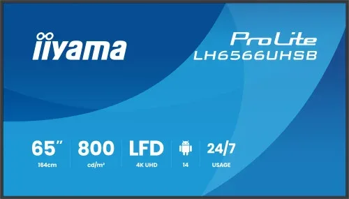 iiyama LH6566UHSB-B1AG pantalla de señalización Pantalla plana para señalización digital 165,1 cm (65") LCD WiFi 800 cd / m² 4K Ultra HD Negro Procesador incorporado Android 24/7