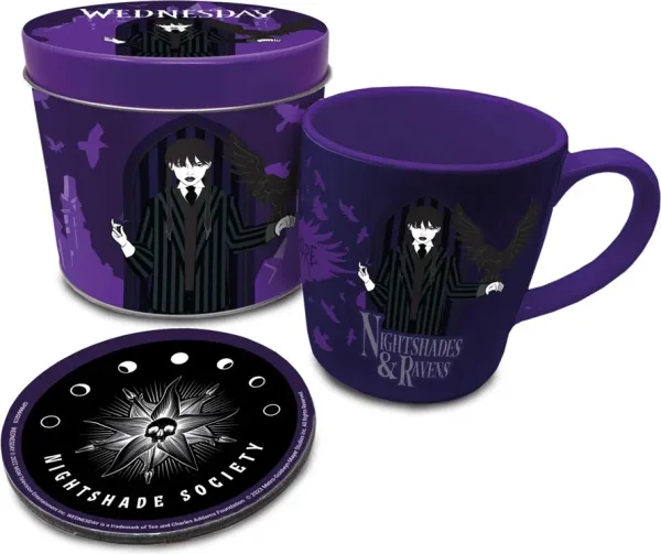 Set de taza posavasos + lata pyramid wednesday addams