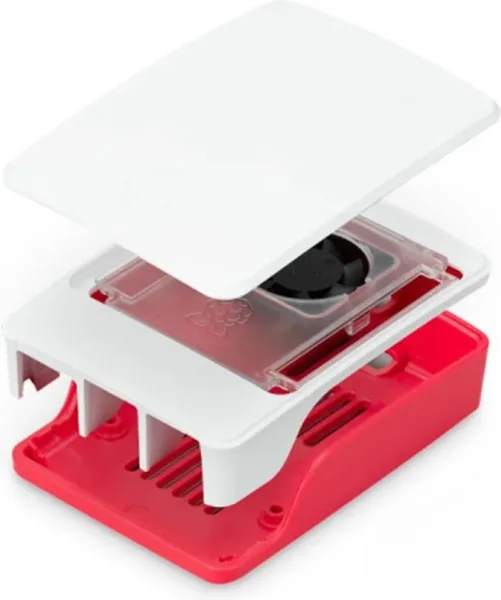 Carcasa raspberry pi 5 con ventilador roja y blanca