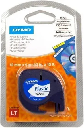 Cinta Rotuladora Adhesiva de Plástico Dymo 91221/ para Letratag/ 12mm x 4m/ Negra-Blanca