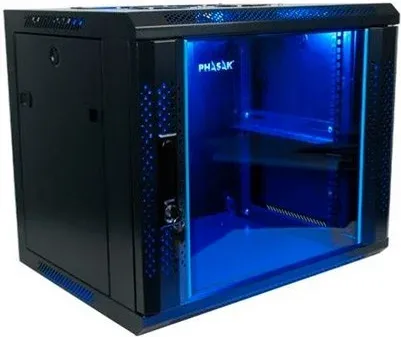 Armario rack mural phasak 9u incluye cerradura 2109 - 600x450 negro ventilacion + iluminacion