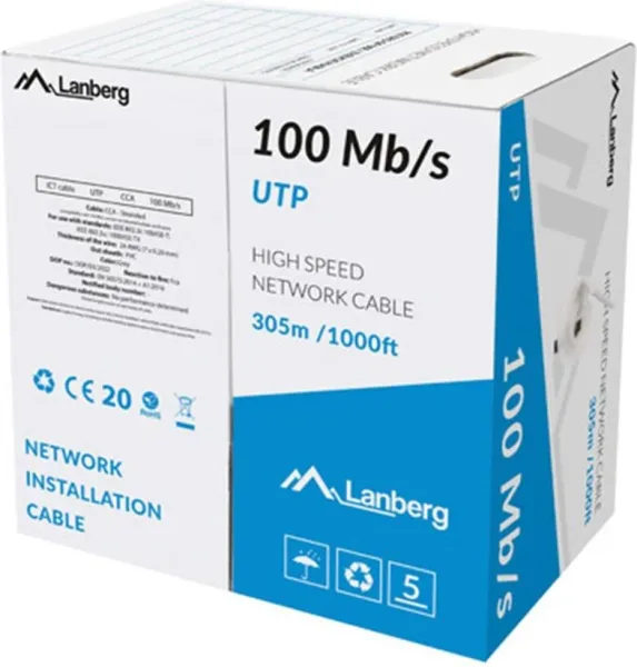 Bobina Cable Red Lanberg Utp Rj45 100 MB/S Trenzado Cca Awg24 305M  Gris
