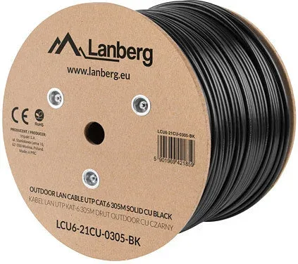 Bobina Cable Red Lanberg Exterior Utp Rj45 Cat.6 Solido Cu Awg24 305M Negro Flu