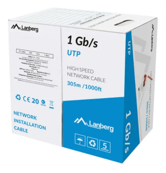 Bobina Cable Red Lanberg Utp Rj45 1GB/S Solido Cca Awg23 305M Rojo