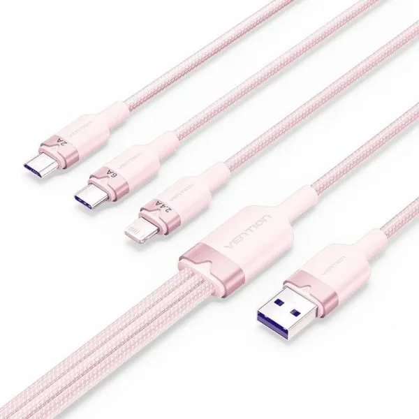 Cable USB 2.0 a USB-C + Microusb/M + Lightning 1.5 M Rosa Vention