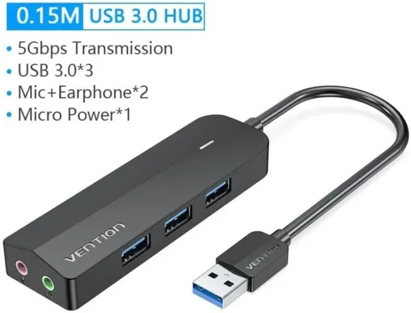 Hub USB 3.0 con Tarjeta de Sonido Vention CHIBB/ 3xUSB/ 1xMicroUSB PD