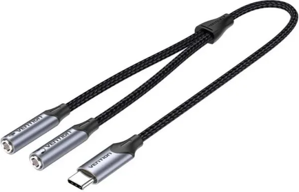 Cable Conversor USB Tipo-C Vention BGPHY/ USB Tipo-C Macho - 2x Jack 3.5 Hembra/ 30cm/ Gris