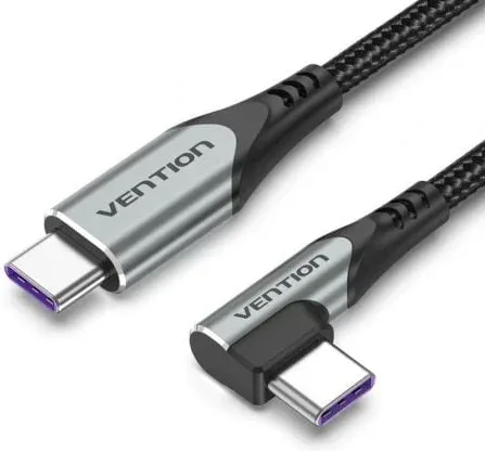 Cable USB 2.0 Tipo-C 90º Vention TAKHF/ USB Tipo-C Macho - USB Tipo-C Macho/ Hasta 100W/ 480Mbps/ 1m/ Gris