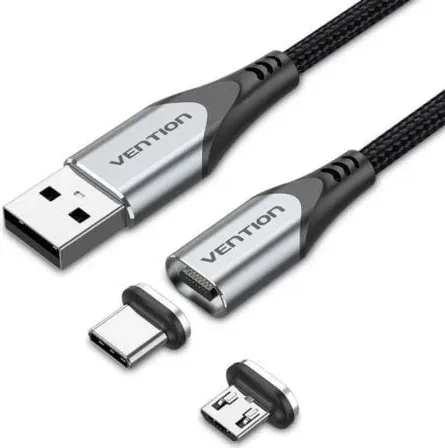 Cable de Carga Magnético USB Tipo-C con Adaptador MicroUSB Vention CQMHD/ MicroUSB Macho - USB Tipo-C Macho/ USB Macho/ Hasta 60W/ 480Mbps/ 50cm/ Gris