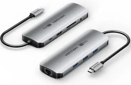 Docking USB Tipo-C Vention TQLHB/ 1xHDMI 4K/ 3xUSB/ 1xUSB Tipo-C PD/ 1xRJ45/ 1xJack 3.5mm/ 1xLector de Tarjetas/ Gris