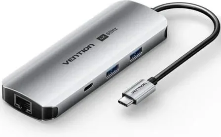 Docking USB Tipo-C Vention TQMHB/ 1xHDMI 4K/ 2xUSB/ 1xUSB Tipo-C/ 1xJack 3.5mm / 1xRJ45/ 1xUSB Tipo-C PD/ 1xLector Tarjetas/ Gris