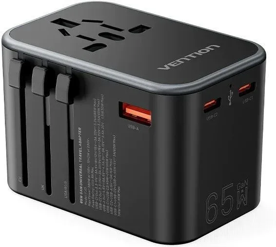 CARGADOR PARED UNIVERSAL TOMA DE CORRIENTE/2xUSB-C/USB-A 65W NEGRO VENTION
