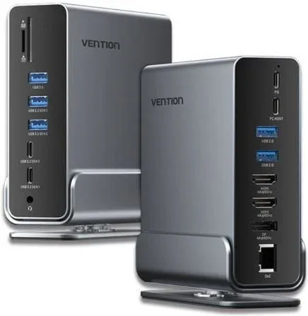 Docking USB Tipo-C Vention TPUH0/ 2xHDMI 4K/ 1xDisplayPort/ 3xUSB Tipo-C/ 5xUSB/ 1xRJ45/ 1xLector de Tarjetas/ 1xJack 3.5/ 1xUSB Tipo-C PD/ Gris