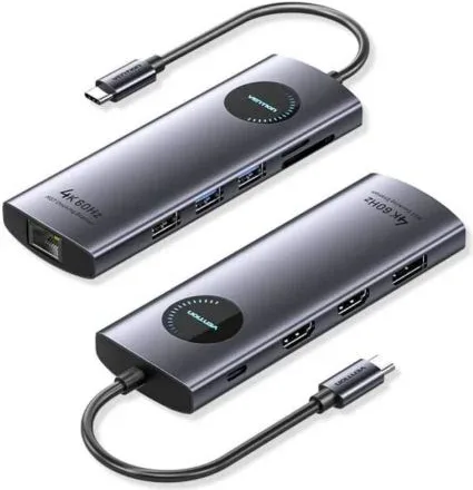 Docking USB Tipo-C Vention TQWHB/ 2xHDMI 4K/ 1xDisplayPort/ 3xUSB/ 1xUSB Tipo-C PD/ 1xRJ45/ 1xLector Tarjetas/ Gris