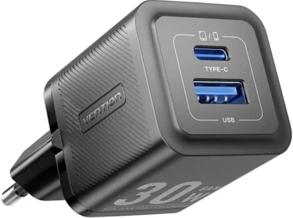 Cargador de Pared GaN Vention FEQB0-EU/ 1xUSB Tipo-C/ 1xUSB/ 30W
