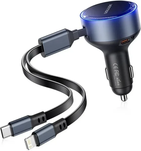 Cargador de Coche Vention FFOB0/ 1xUSB Tipo-C Macho/ 1xUSB Tipo-C hembra/ 1xLightning Macho/ 30W