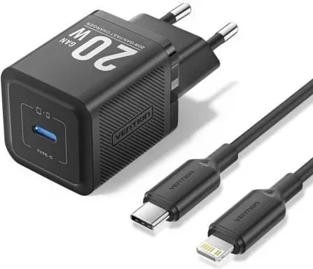 Cargador de Pared GaN Vention TZ-FEPB0-EU-02/ 1xUSB Tipo-C + Cable Lightning/ 20W