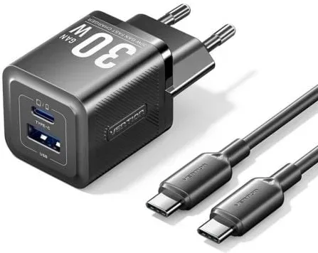 Cargador de Pared GaN Vention TZ-FEQB0-EU-01/ 1xUSB Tipo-C/ 1xUSB + Cable USB Tipo-C/ 30W