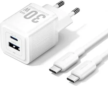 Cargador de Pared GaN Vention TZ-FEQW0-EU-01/ 1xUSB Tipo-C/ 1xUSB + Cable USB Tipo-C/ 30W
