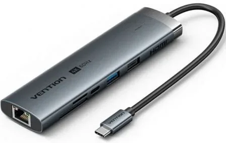 Docking USB Tipo-C Vention TGUHB/ RJ45/ 2xUSB/ 1xUSB Tipo-C/ 1xHDMI/ 1xUSB Tipo-C PD/ 1xLector de Tarjetas/ Gris