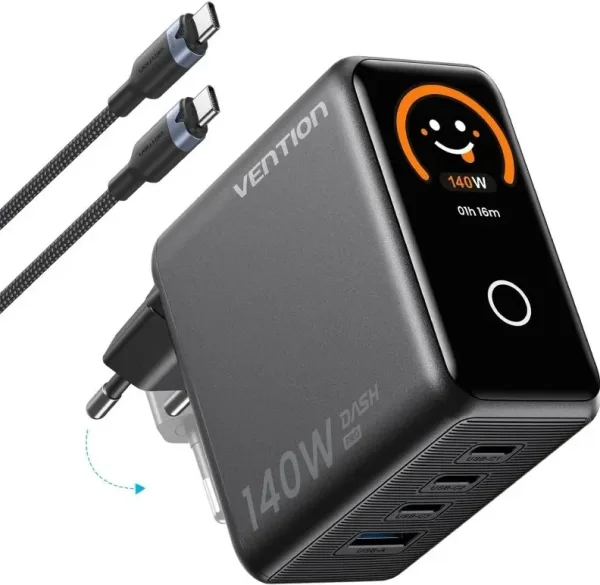 Cargador de Pared GaN Vention TZ-FCOH0-EU/ 3xUSB Tipo-C + Cable USB Tipo-C/ 1xUSB/ 140W