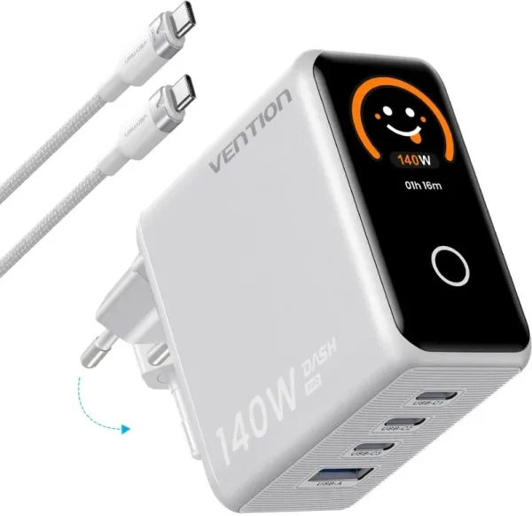 Cargador de Pared GaN Vention TZ-FCOI0-EU/ 3xUSB Tipo-C + Cable USB Tipo-C/ 1xUSB/ 140W
