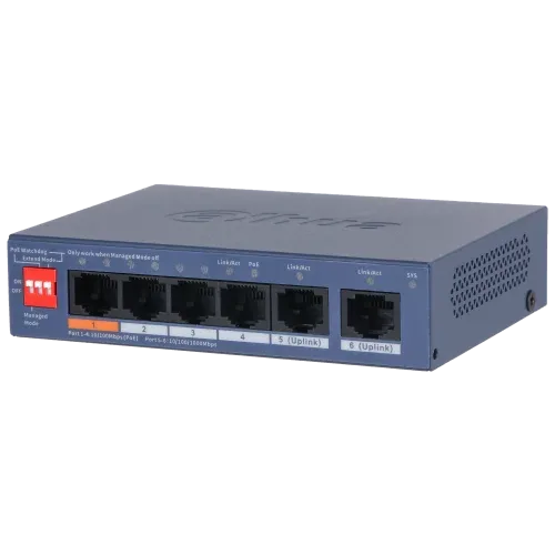 (Dh-Cs4006-4Et2Gt-60) Dahua Switch 6 Puertos, 4Xrj45 10/100 Mbps PoE, 2Xrj45 Gigabit, L2 Cloud Managed