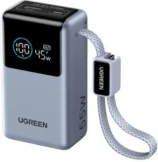 Ugreen Ugreen 10000Mah 55W 1C1A Power Bank With 1*55W Build-In Cable, Gray Color (55W USB-C Cable + 55W USB-C + 33W USB-A, 10000Mah Capacity)