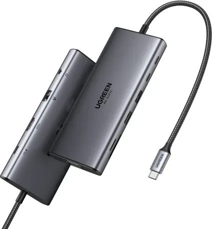 Ugreen 11-in-1 USB-C Hub to 3x USB-C/2x USB-A/HDMI/VGA/RJ45/SD/TF/3.5mm - Gray Acoplamiento Base Gris