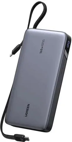 Ugreen Powerbanck 25000Mah 165W , Built-In Cable (165W Fast Charging Power Bank With Cable, 25000Mah, 140W C1 Cable + 100W C2 Cable + 30W C Port + 33Wa Female Charger, Space Gray )