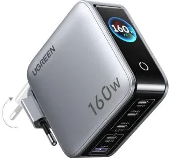 Ugreen Ugreen Nexode Pro Display 160W Cargador USB C Carga Rápida Pantalla TFT Pd 3.1 (Cable Inside- 160W 5-Port Gan Fast Charger Set (European Standard) With 4 USB-C Ports And 1 USB-A Port (Starlight Silver))
