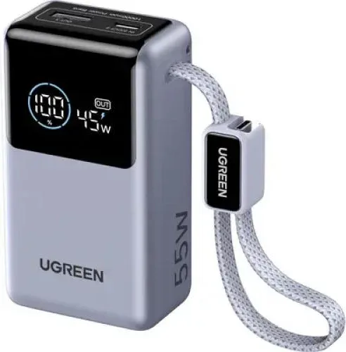 Ugreen Ugreen 10000Mah 55W 1C1A Power Bank With 1*55W Build-In Cable, Blue Color (55W USB-C Cable + 55W USB-C + 33W USB-A, 10000Mah Capacity)