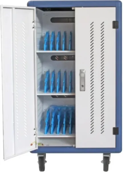 Armario rack de seguridad phasak montado con ruedas goma 30 compart. para portatil tablet y smartphone blanco - azul pht 3530