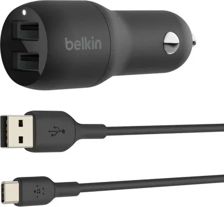 Boost Charge 24W USB-A Dual Car Charger W/ 1M Pvc A-C, Black