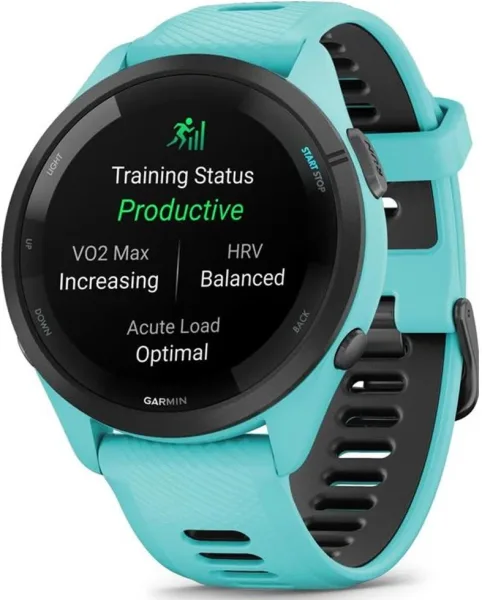 Garmin forerunner 265 46mm bisel negro con carcasa en turquesa y correa de silicona turquesa - negro