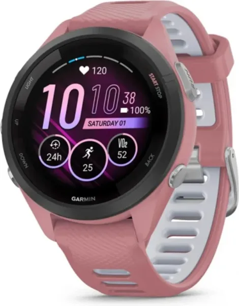 Garmin forerunner 265s 42mm bisel negro con carcasa en rosa y correa de silicona en rosa - gris