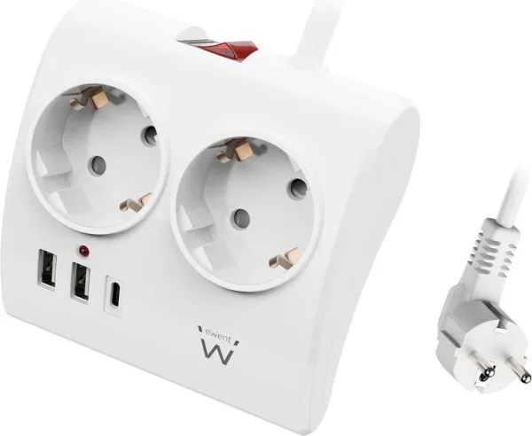 Regleta ewent 2 tomas shucko 2 puertos USB tipo a 1 puerto USB tipo c interruptor blanco