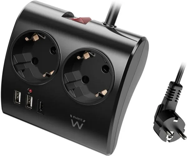 Regleta ewent 2 tomas shucko 2 puertos USB tipo a 1 puerto USB tipo c interruptor negro