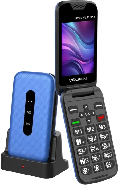 Telefono movil volfen nexo flip max tipo concha azul base de carga