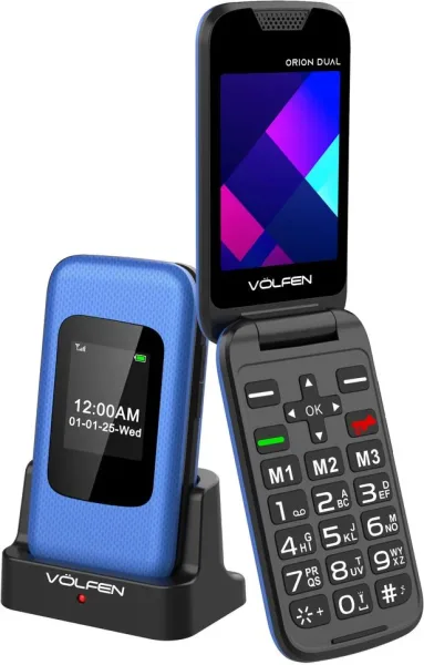 Telefono movil volfen orion dual max tipo concha azul base de carga