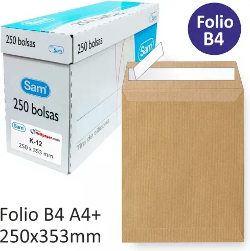 Caja 250 Bolsas Din B4 Folio (250X353) Kraft 90 Grs. Autosam Autoadhesivo con Tira de Silicona Sam 145607
