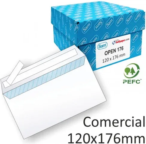 Caja 500 Sobres Comercial Opensam (120X176) Autoadhesivo con Tira de Silicona Offset Blanco 90 Grs. Sam 247510