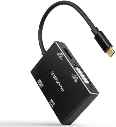 Conversor Nanocable 10.16.4307/ USB Tipo-C Macho - VGA Hembra/ DVI Hembra/ HDMI Hembra/ DisplayPort Hembra/ 10cm/ Negro