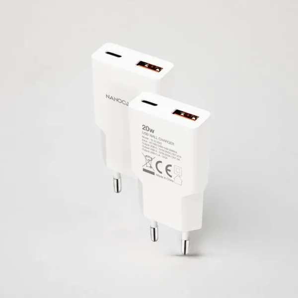 Cargador de Pared Nanocable 10.10.2022/ 1xUSB Tipo-C/ 1xUSB/ 20W/ Blanco